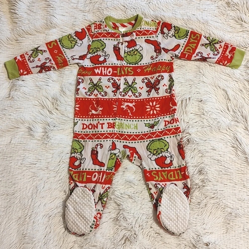 🎄Grinch Toddler Long Sleeve Fleece Christmas Zip-Up Footie Pajamas Size 12 Mos